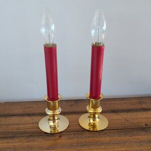 Plastic Battery Operated Candle Lamps Set Of 2, Red & Gold